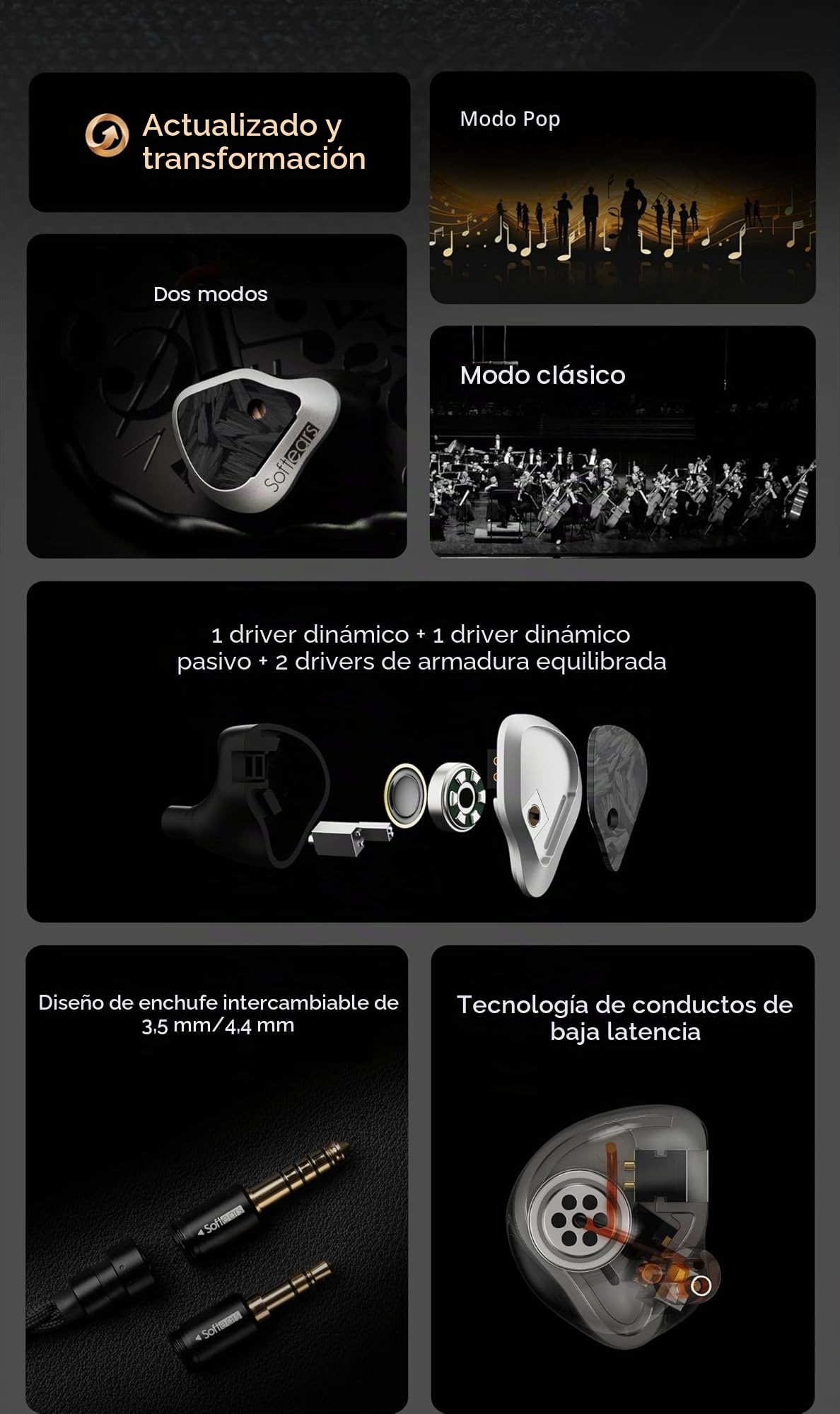 LEAUDIO Softears Volume S - Auriculares 1DD+1 DD+2BA pasivos con auriculares intercambiables de 3,5 mm/4,4 mm