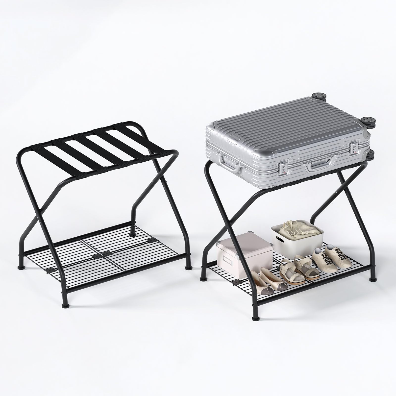Lot de 2 porte-bagages pliables avec étagère - En métal - 64 x 44 x 55 cm - Peu encombrant - Pour chambre à coucher, chambre d'amis, hôtel - Noir
