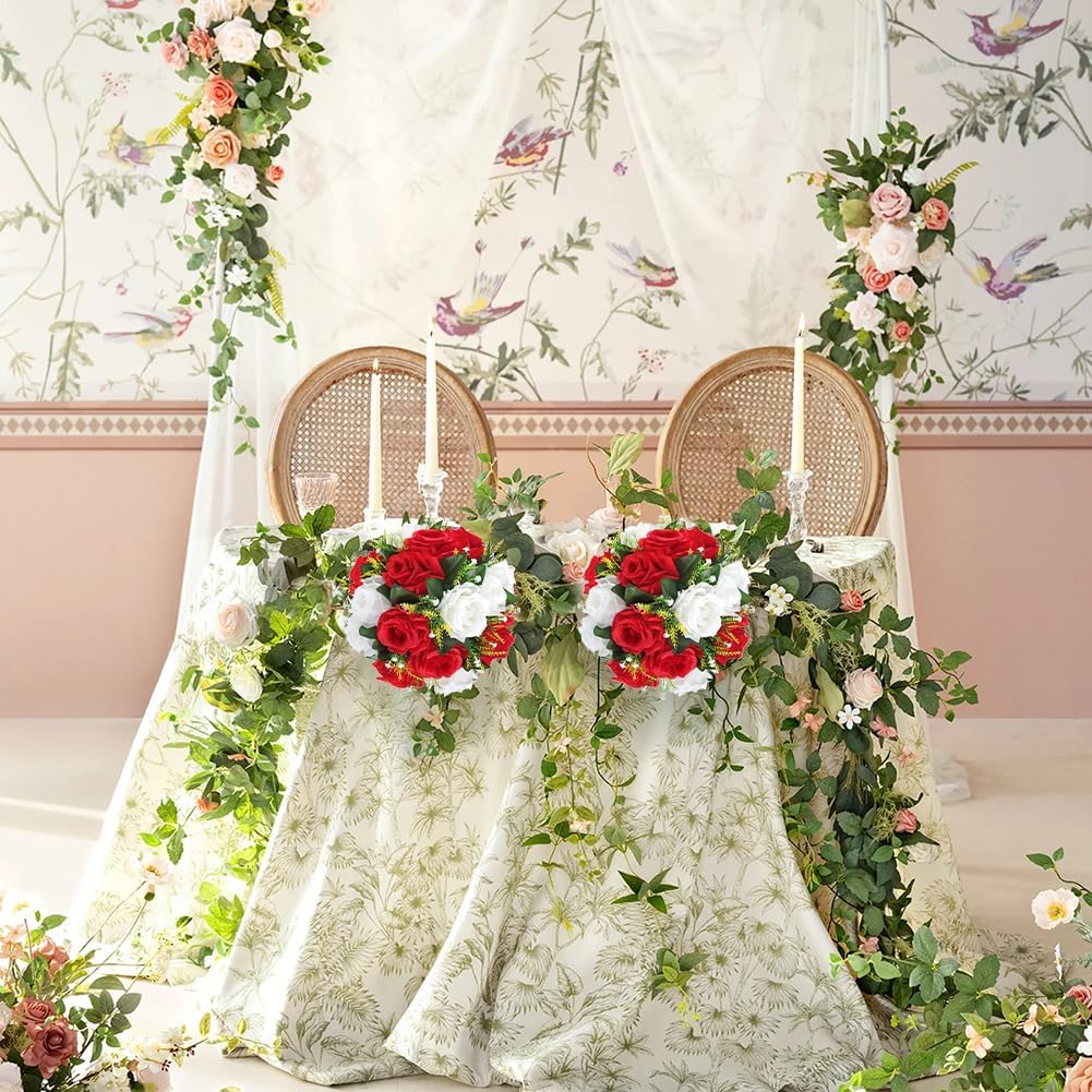 Briful Artificial Flower Balls for Table Centerpieces – 2PCS 8.6" Silk Rose Floral Arrangement Fake Floral Bouquet for Wedding Parties Baby Showers DIY Event Home Decor(Red White) - Image 4