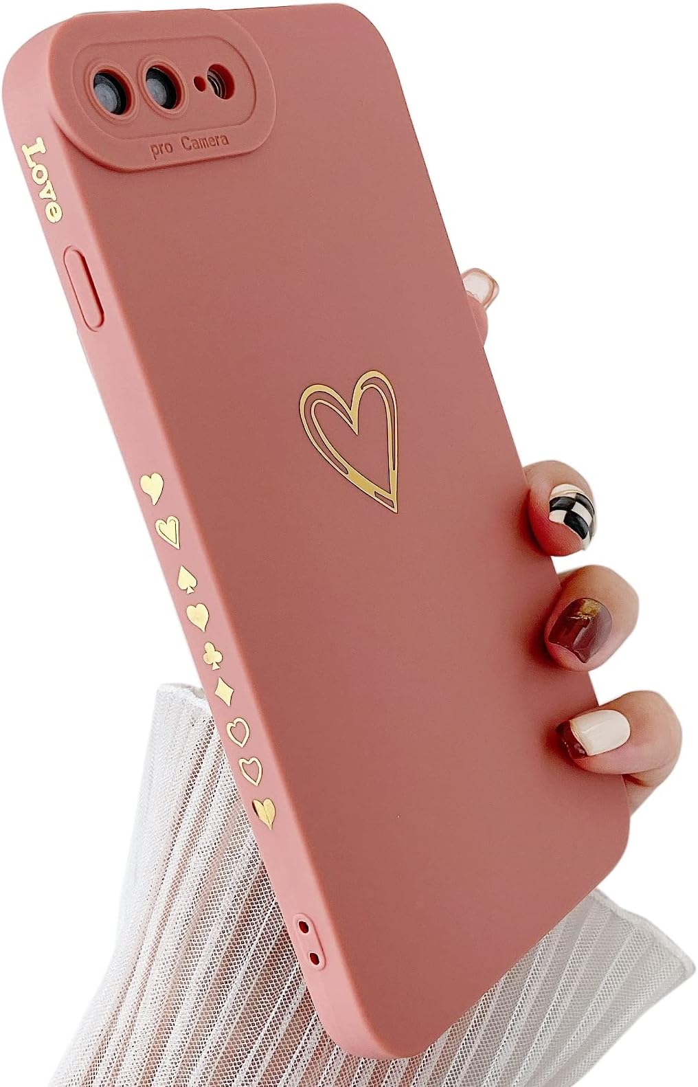 Qokeyfor iPhone 8 Plus Case,iPhone 7 Plus Case,Side&Back Cute Plated Love Heart with Anti-Fall Lens Camera Cover Protection Soft TPU Shockproof Anti-Fingerprint Phone Case for Women Girl Men,Pink