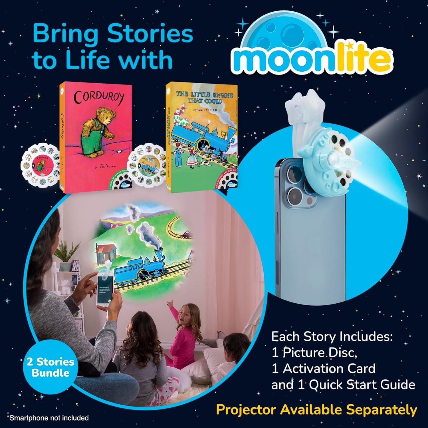 Moonlite Storytime 2 Story Sets + Projector with 3 Little Pigs Bundle - A Magical Read Together - Digital Story w/ Sound FX - Toddler Early Learning Gifts for Kids Ages 1 Year & Up