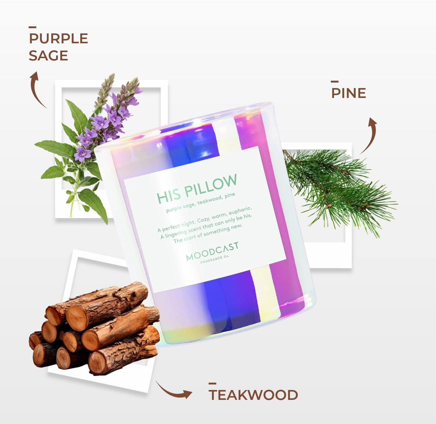 Moodcast His Pillow Scented Candle - Aesthetic Candle for Home, Purple Sage, Teakwood & Pine, Clean Coco Wax Blend, Vegan, Paraben Free, 45-Hour Long Lasting Burn - 8oz