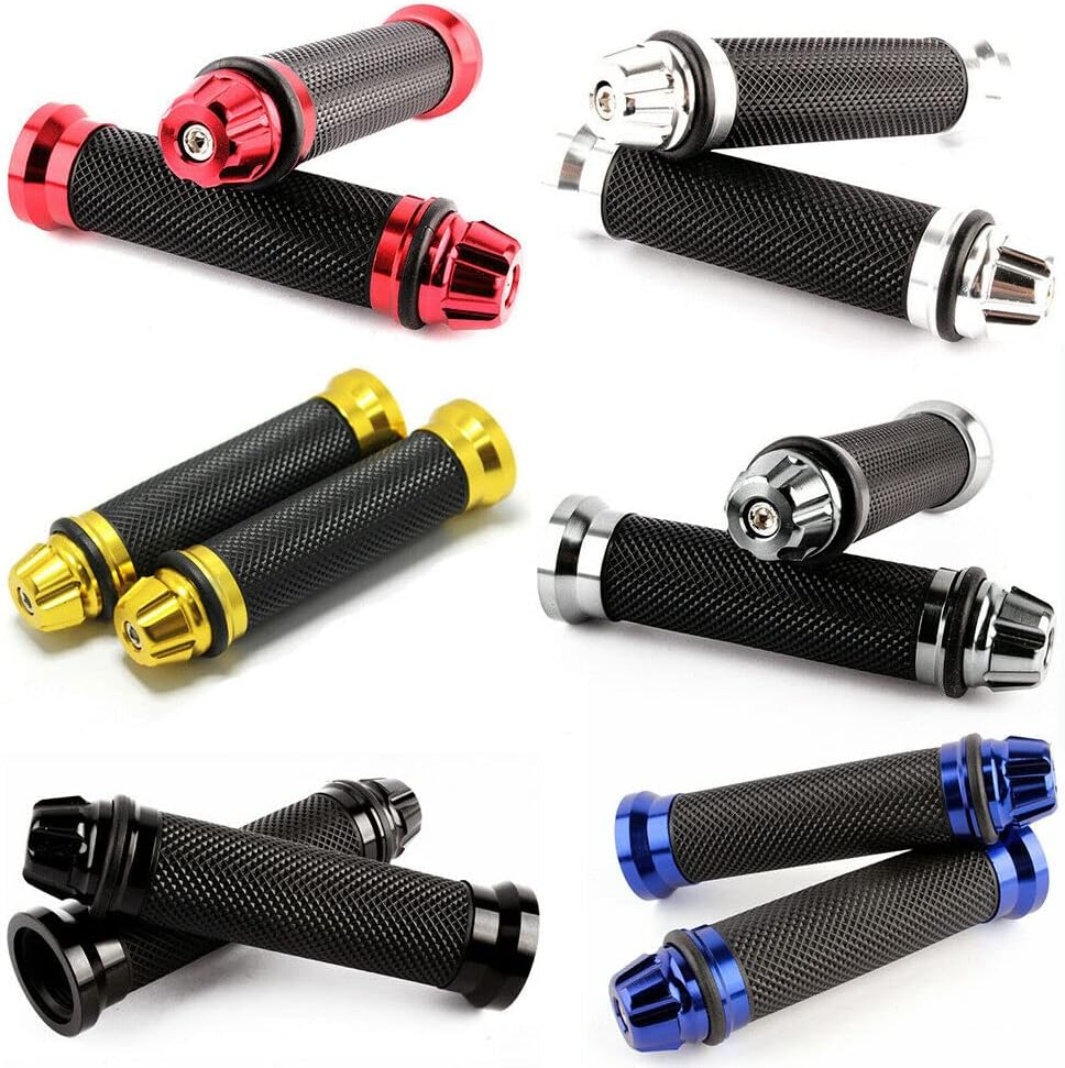 Motorcycle Hand Grips with Bar End Cap, Racing CNC Aluminum & Soft Rubber Handlebar Universal for 7/8"(22mm) Handle Bar