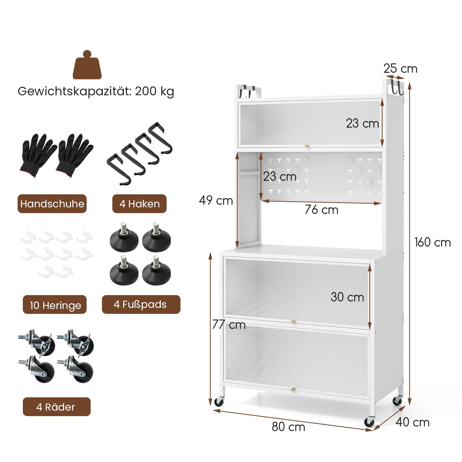 RELAX4LIFE Scaffale da Cucina con 5 Ripiani, Armadio con Ruote, Porte a Battente, Ganci Superiori e Pannello con Perforazioni, Mobile Multifunzionale per Cucina, Sala da Pranzo (Bianco)