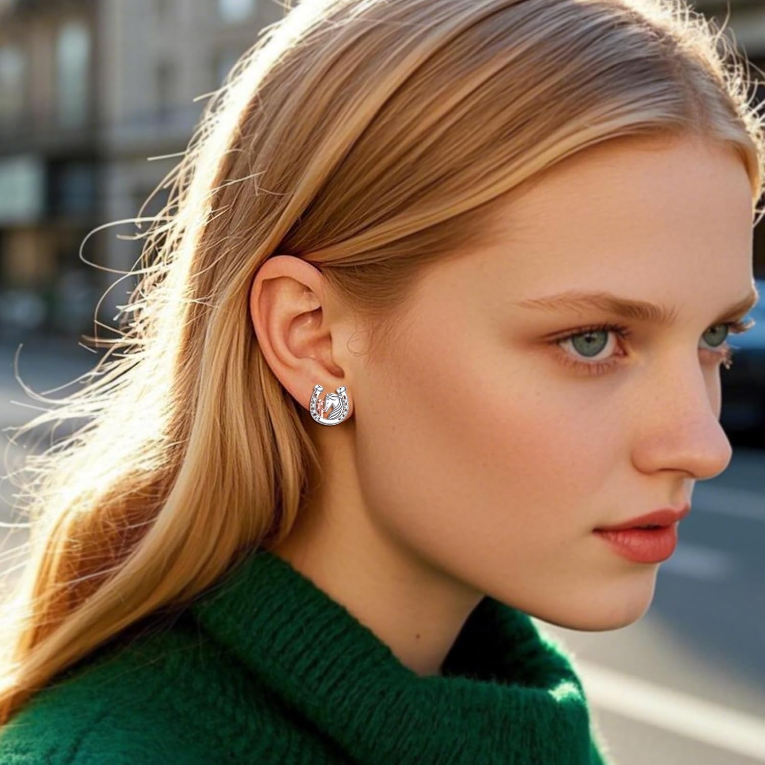 Horse Stud Earrings 925 Sterling Silver Horseshoe Horse Earrings Animal Jewelry for Women Mom - Image 2