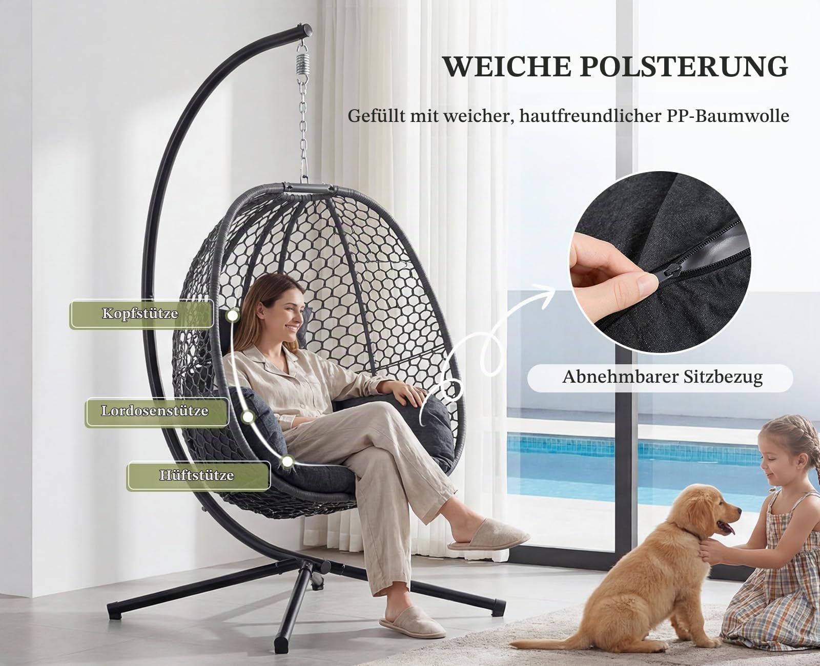 Ya-Home Hängesessel Outdoor mit Gestell Bequemer Hängeschaukel Grau | Hängekorb Sessel mit Kissen & Auflagepolster für Outdoor und Indoor, Balkon Schaukelstuhl Gartenschaukel belastbar bis 180kg