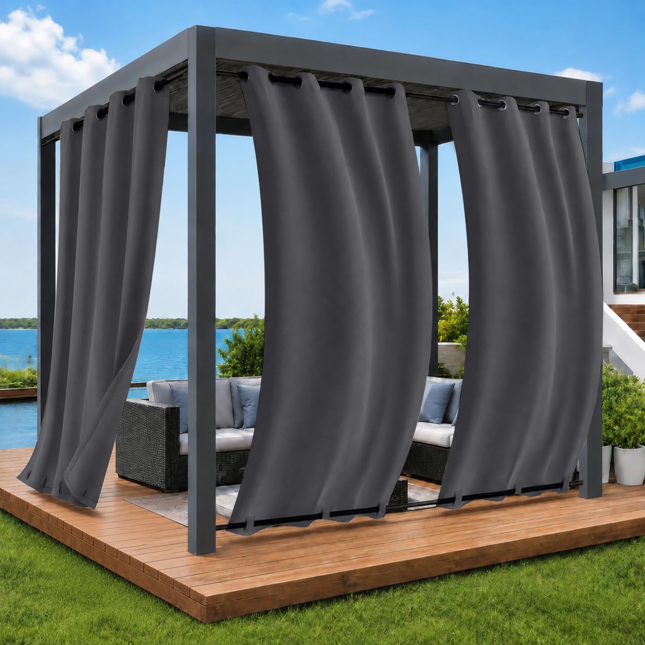 Rosnek Outdoor Curtains Waterproof, Windproof Design Pergola Curtains W 52" x L 96" with Top Grommets, Gazebo Panel Bottom Fixable Thermal Insulated for Garden, Patio, Pergola(1 Panel, Dark grey)