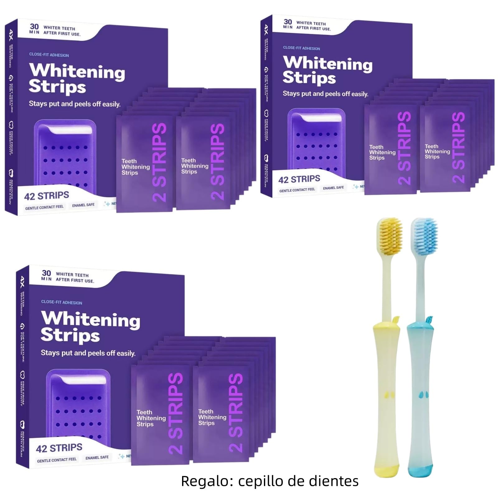 Teeth Whitening Strips Purple, Tiras Blanqueadoras Dientes Autoadhesivas Anti-Amarilleo para Eliminar Manchas de Cafe Te y Tabaco Regalo: cepillo de dientes ((3 Pieces - 12 Pcs))