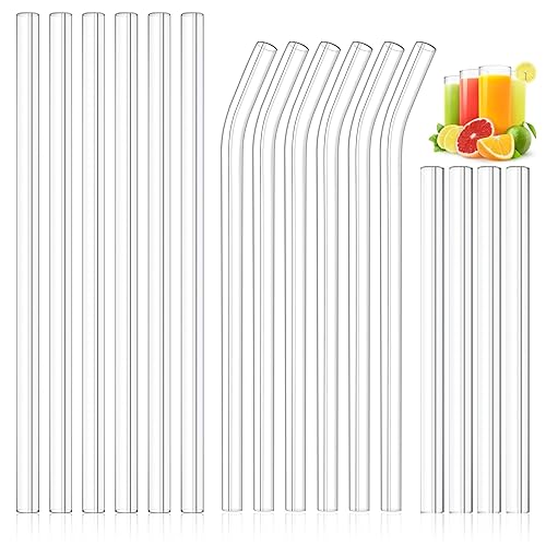 Kiemeu 16 Pack Clear Glass Straws for Drinking, Φ10 mm Wide Straws for Smoothies, Cocktail and Other Drinks, Family Pack