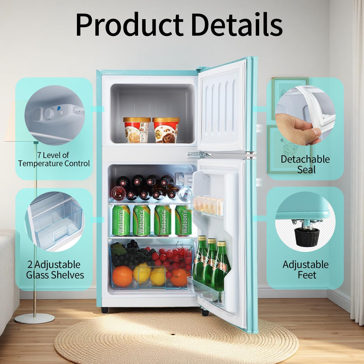 Anukis 3.2 Cu.Ft Retro Refrigerator With Freezer, 2 Door Mini Fridge With Adjustable Thermostat,Small Refrigerator For Apartment, Dorm, Office, Family, Basement, Garage (Mint Green) on Fridge.com - View 4