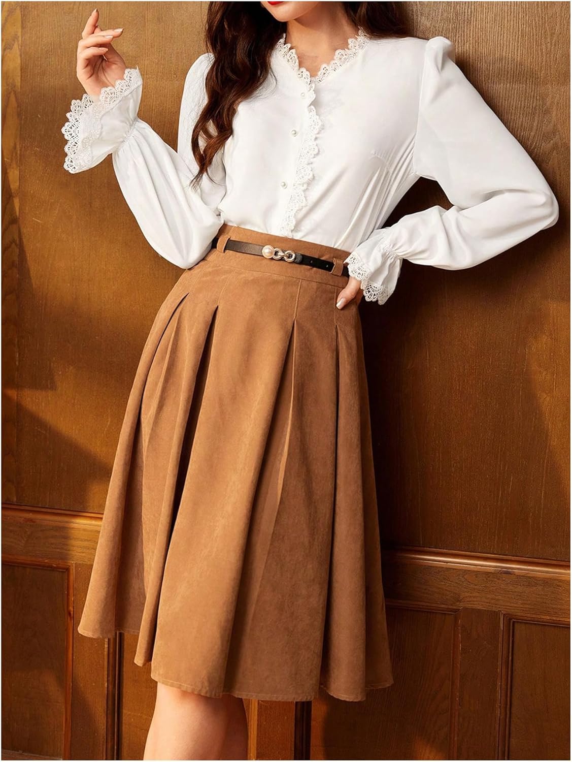 SHENHE Women's Lace Trim Button Up Shirt V Neck Long Sleeve Elegant Vintage Blouse Top - Image 4