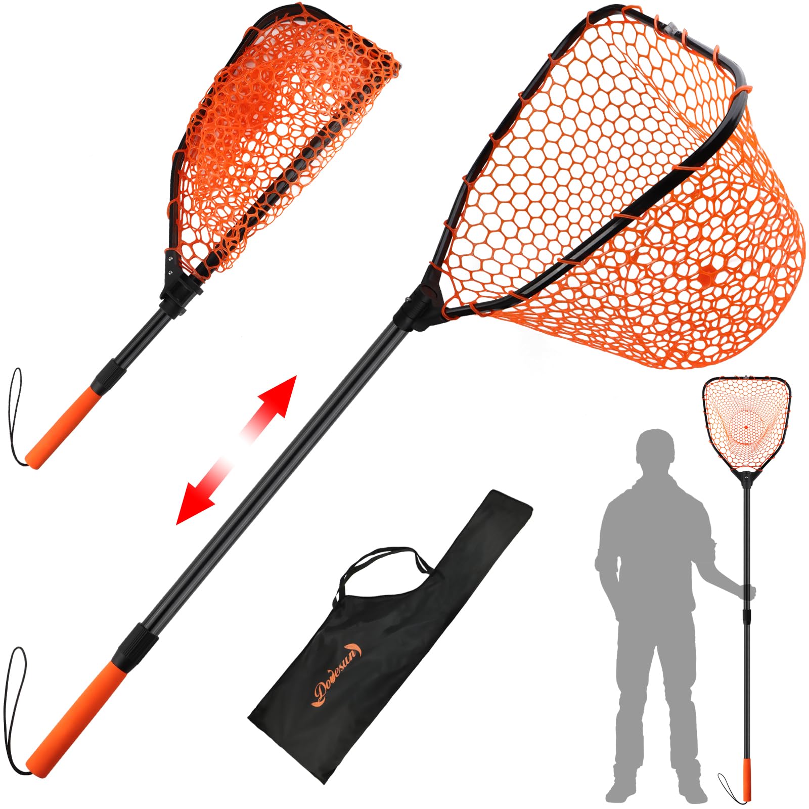 Dovesun Rubber Fishing Landing Nets Telescopic Handle Nets Folding Nets with Collapsible Handle for Catch & Release Fishing Gift 17.6" dia-13.7" Depth Black/Orange