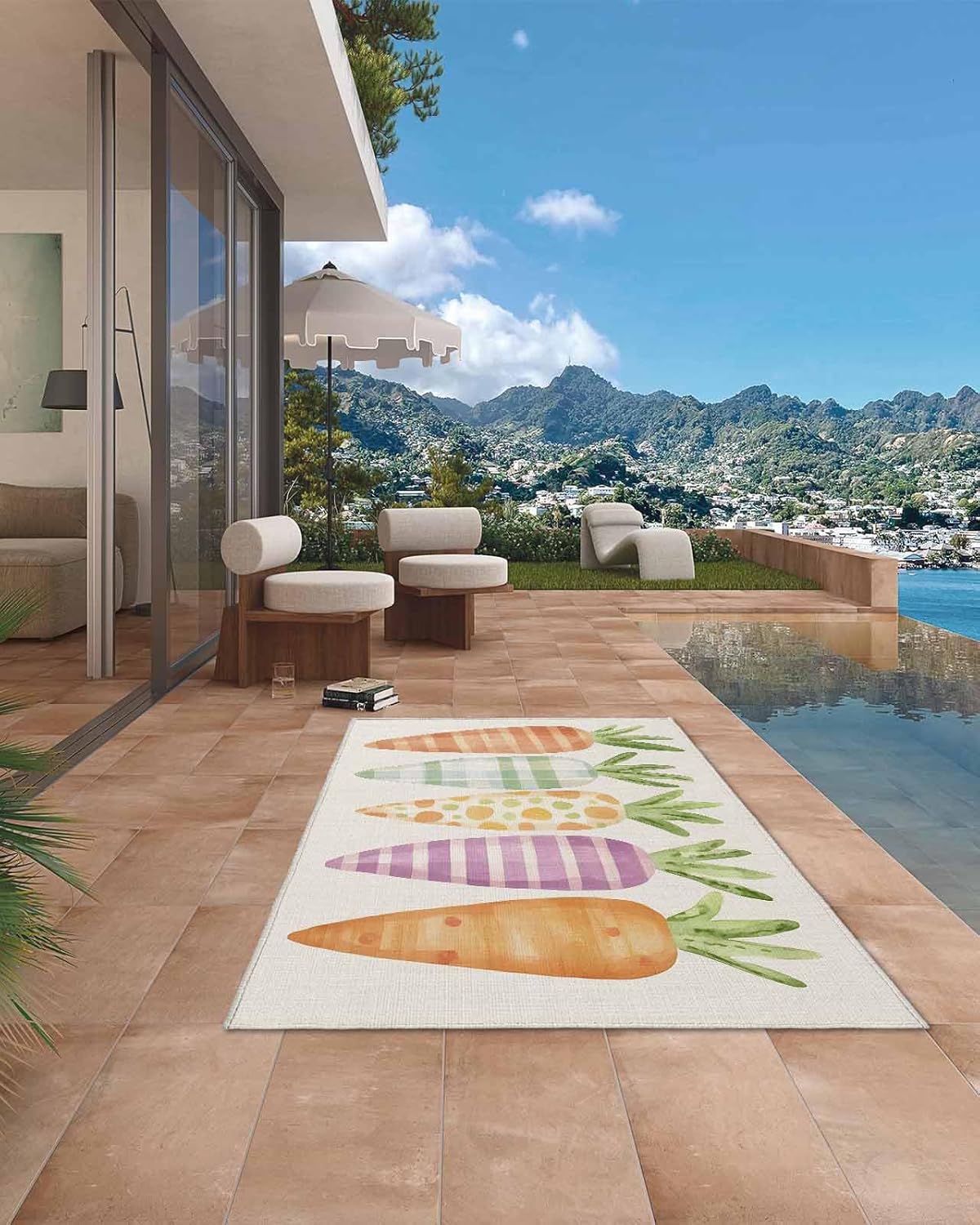 Easter Outdoor Rug 4x6 ft Stripe Buffalo Plaid Carrot Outdoor Large Area Rug Non Slip Rubber Colorful Front Door Mat RV Rug Camping Carpet Patio Outdoor Rugs for Backyard Balcony Indoor Spring Decor