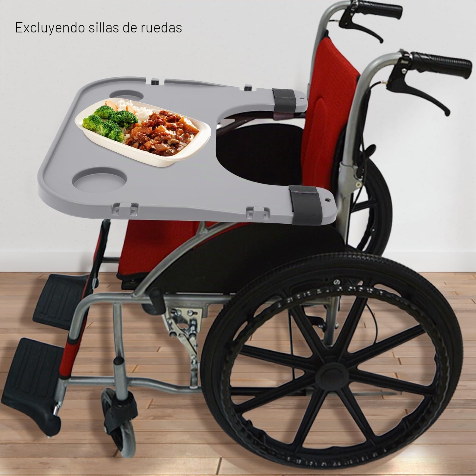Bandeja para silla de ruedas con portavasos, bandeja de plástico ABS para silla de ruedas, extraíble, fácil de instalar, bandeja para silla de ruedas, capacidad de carga total 80 kg, 58 x 53 cm (gris)