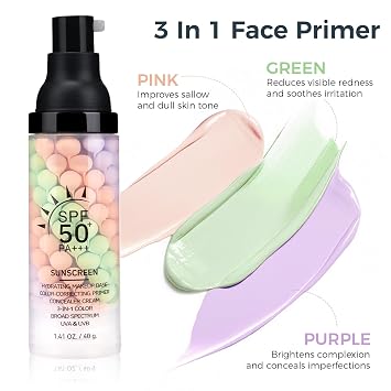 Primer For Face Before MakeupSPF 50Even Skin ToneOil ControlProtector Solar Para La Cara Makeup Primer Color Corrector Face Primer Tinted Sunscreen For Face,PinkGreenPurple X1
