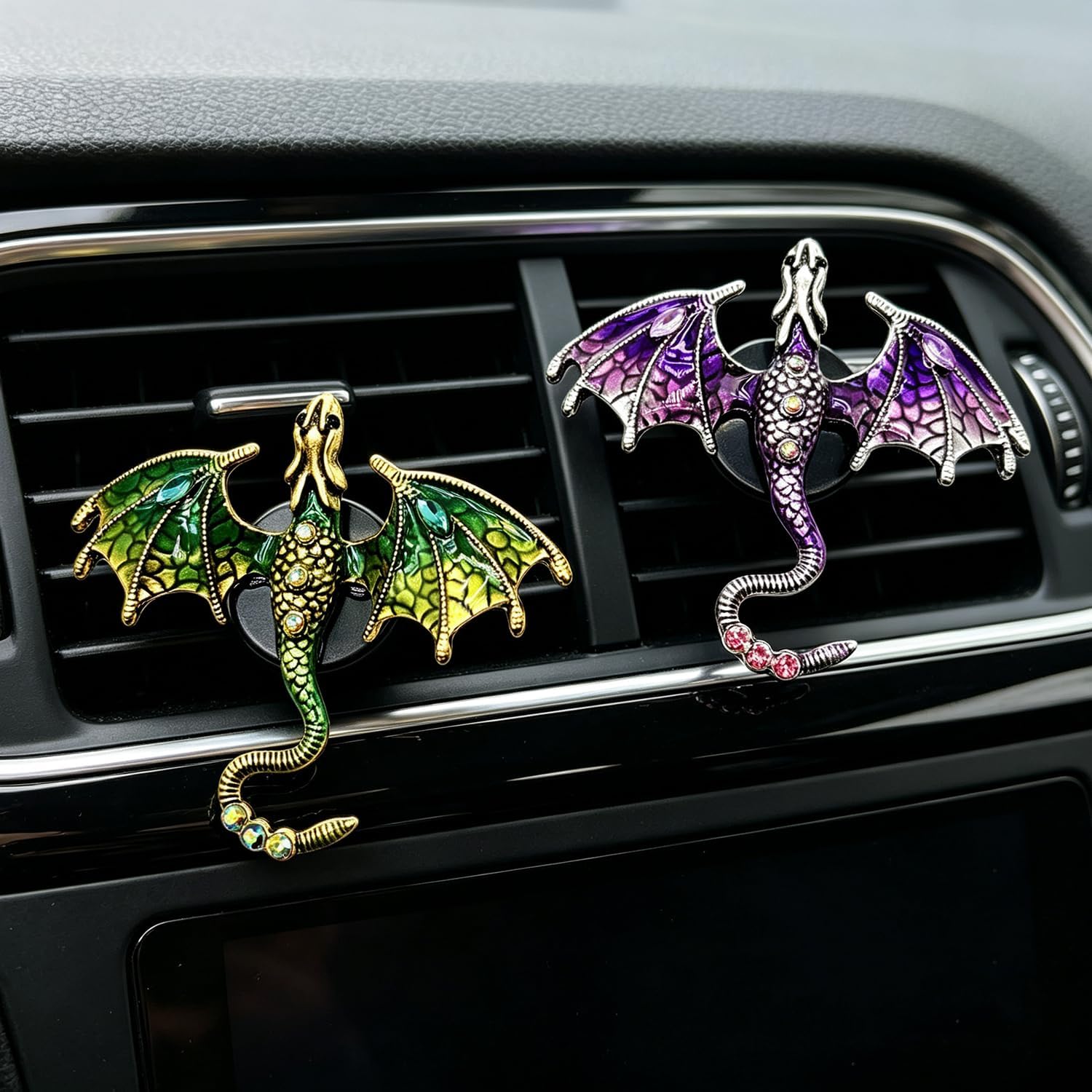 2 Pcs Bling Dragon Car Air Freshener Vent Clips, Crystal Rhinestone and Enamel Dragon Air Vent Clips Car Diffuser Cute Car Interior Decoration Accessories for Women Gift (Blue Red)