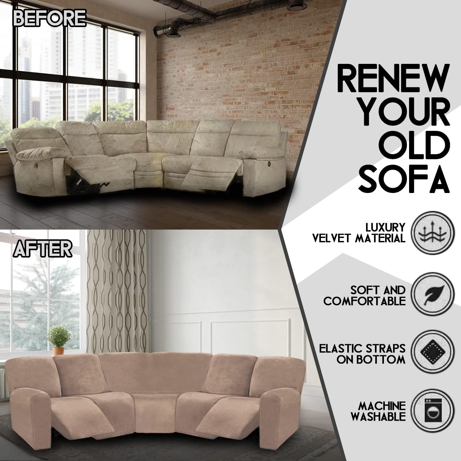 ULTICOR 7-Piece L Shape Sectional Recliner Sofa Covers, Velvet Stretch Reclining Couch Covers, Thick, Soft, Washable (Taupe, 5 Seat Recliner Cover)