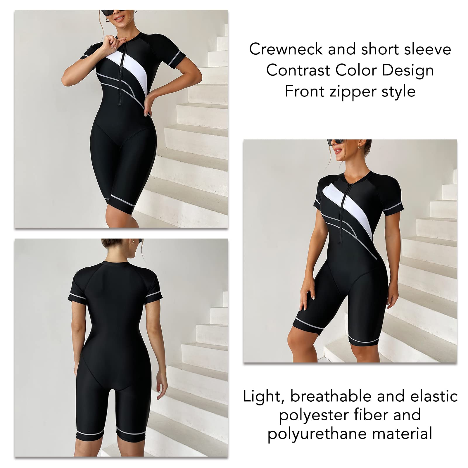 Traje de Neopreno Corto Mujer Buceo Cuello Redondo Negro Manga Corta Cremallera Frontal