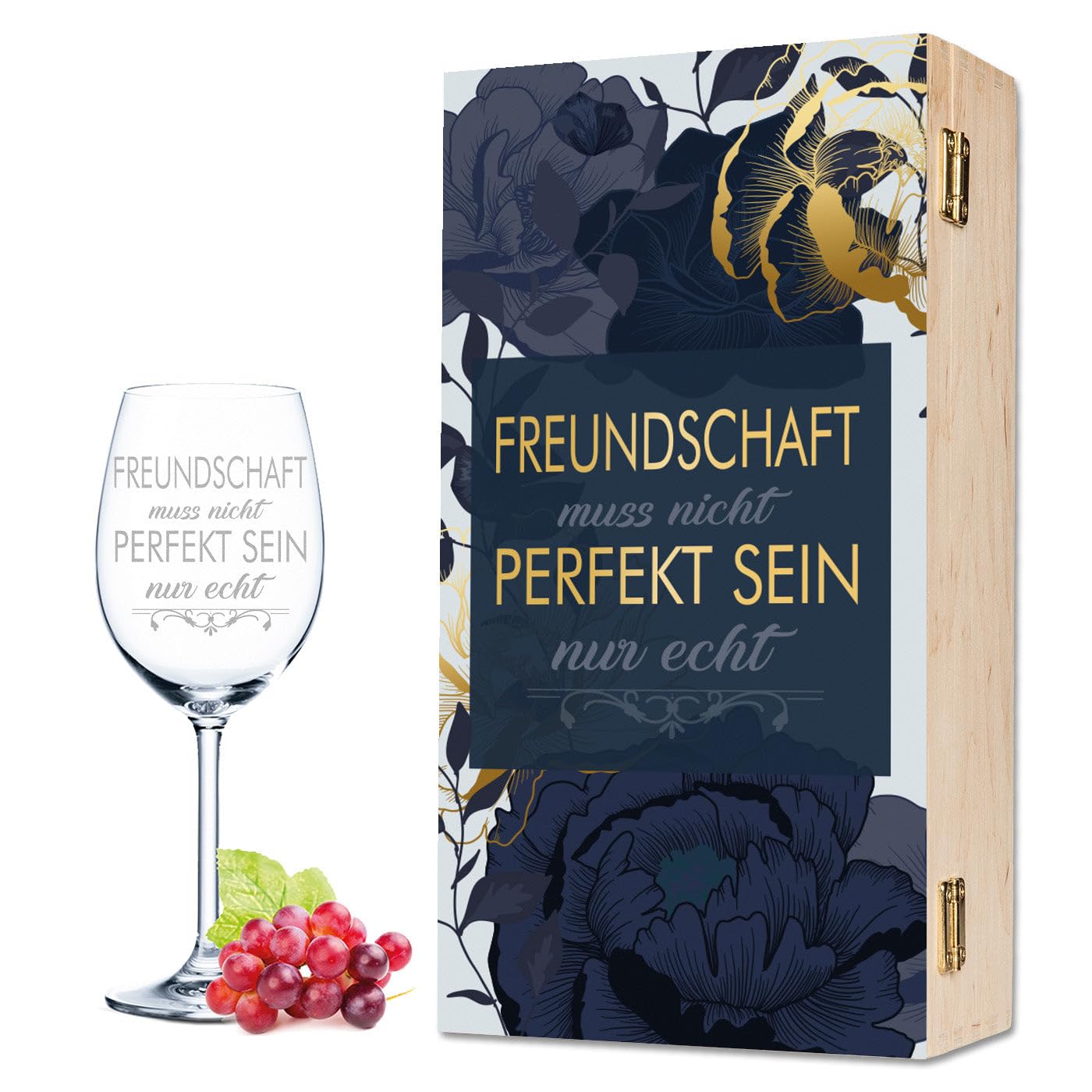GRAVURZEILE Leonardo Weinglas mit Gravur - Freundschaft muss nicht perfekt sein - Geschenkset inkl. Holzkiste - Geschenkidee für Freundinnen - Geschenkidee für Frauen - Farbe: Daily Kiste UV