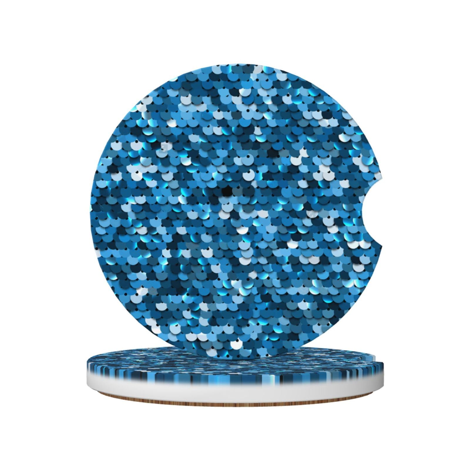 Print Vintage Blue Sequins, Car Cup Holder Coasters 2 Pack, Absorbent Ceramic Car Coasters with Non Slip Cork Base