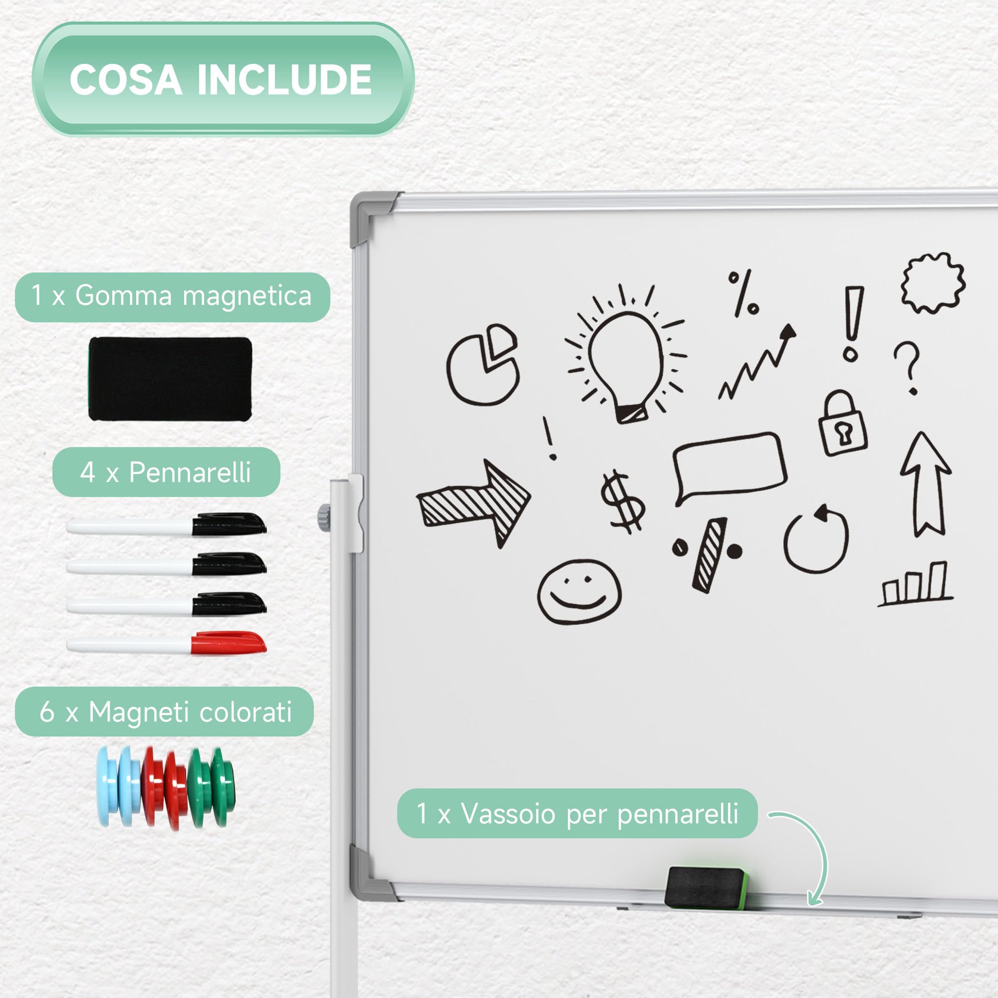 HOMCOM Lavagna Magnetica Bianca a 2 Facce 120x90cm, Lavagna Cancellabile a Secco Girevole a 360° 3 Livelli Regolabile con Supporto, Ruote, Cancellino, Pennarelli, Magneti, Vassioio per Ufficio Scuola