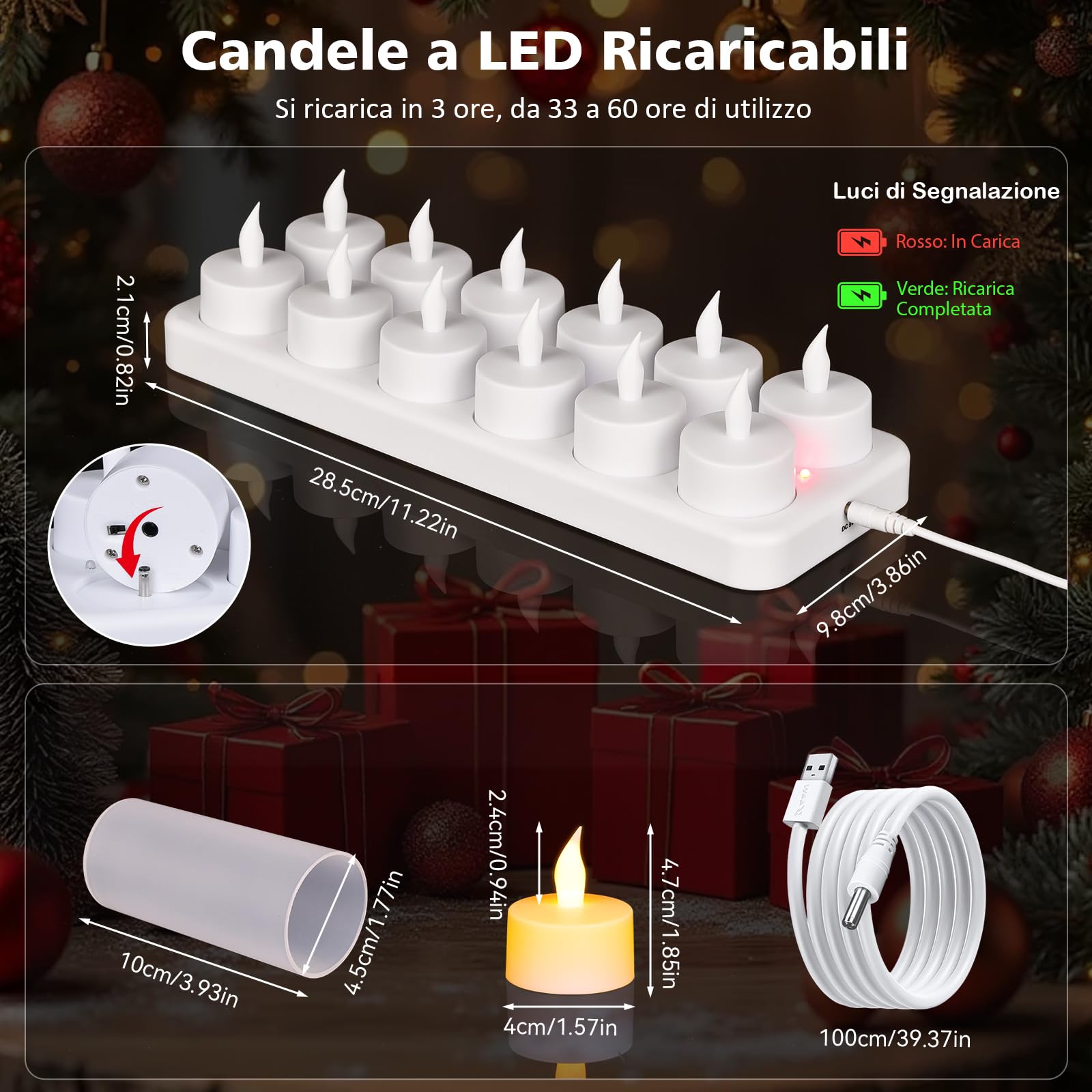 12 Pezzi Candele a LED Ricaricabili, Candele LED Fiamma Oscillante Realistica con Base di Ricarica, Timer e Telecomando per Decorazioni Casa, Matrimoni, Natale e Halloween