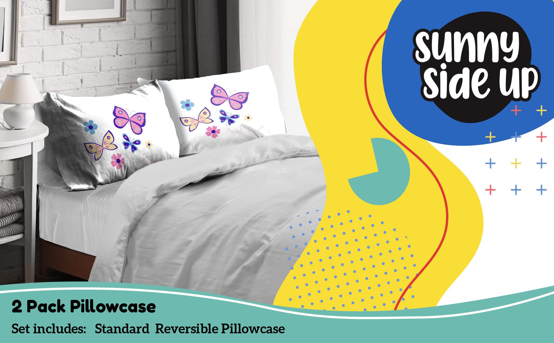 Sunny Side Up Flutter 2 Pack Reversible Pillowcases - Double Sided Pillow Covers, Kids Super Soft Buttergly & Floral Bedding