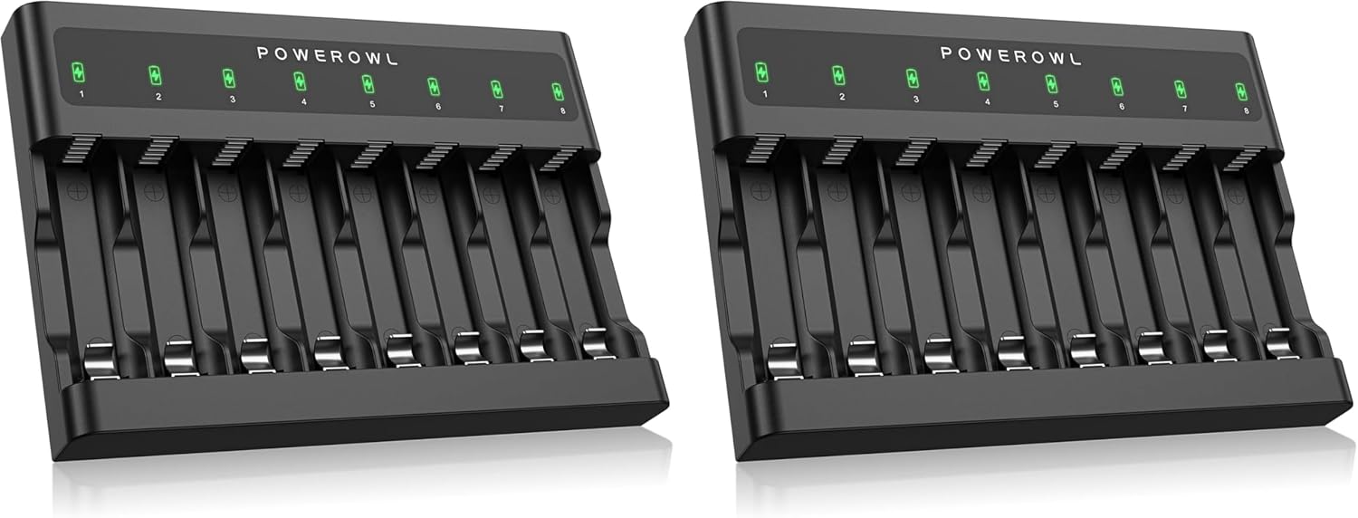 POWEROWL AA AAA Battery Charger 8 Bay, Independent Slot, USB Fast Charging for Ni-MH Ni-CD Rechargeable Batteries (Pack of 2)