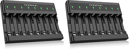 POWEROWL Cargador de batería AA AAA de 8 bahías, ranura independiente, carga rápida USB para baterías recargables Ni-MH Ni-CD (paquete de 2)