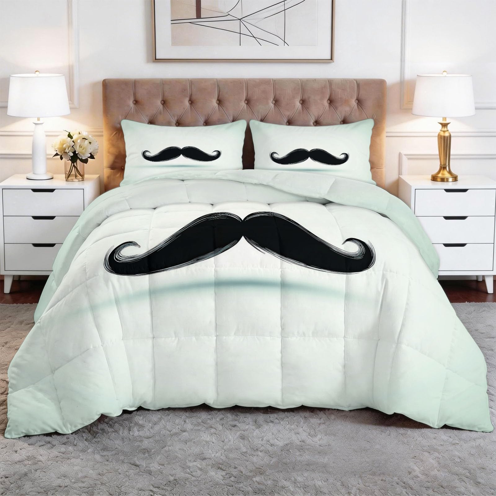 Piumone Invernale 140 x 200 cm Disegno Per Bambini Motivo A Baffi Trapunta in Ecopiuma 400 gr/mq, Caldo ed Elegante – Biancheria da Letto Anallergica e Traspirante – Set 3 Pezzi, Verde Pallido