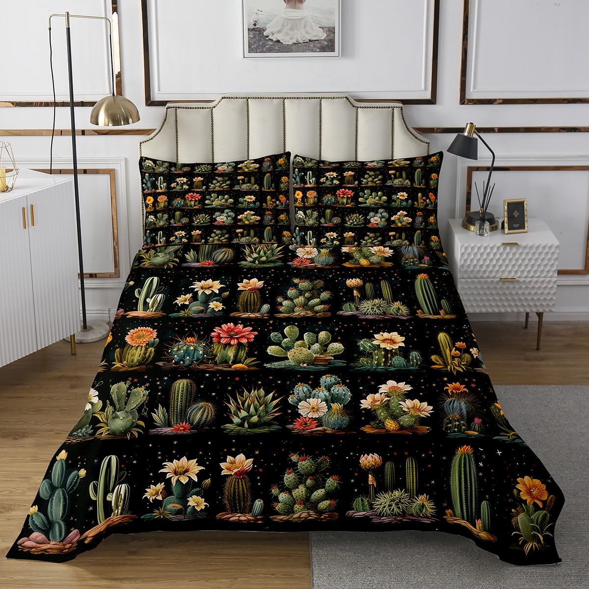 Erosebridal Boho Floral Cactus Queen Quilt Set,Green Plant Botanical Flower Bedspread for Kids Girls Boys,Colorful Flowers Succulent Bedding Set Watercolor Quilts Bed Set 3Pcs