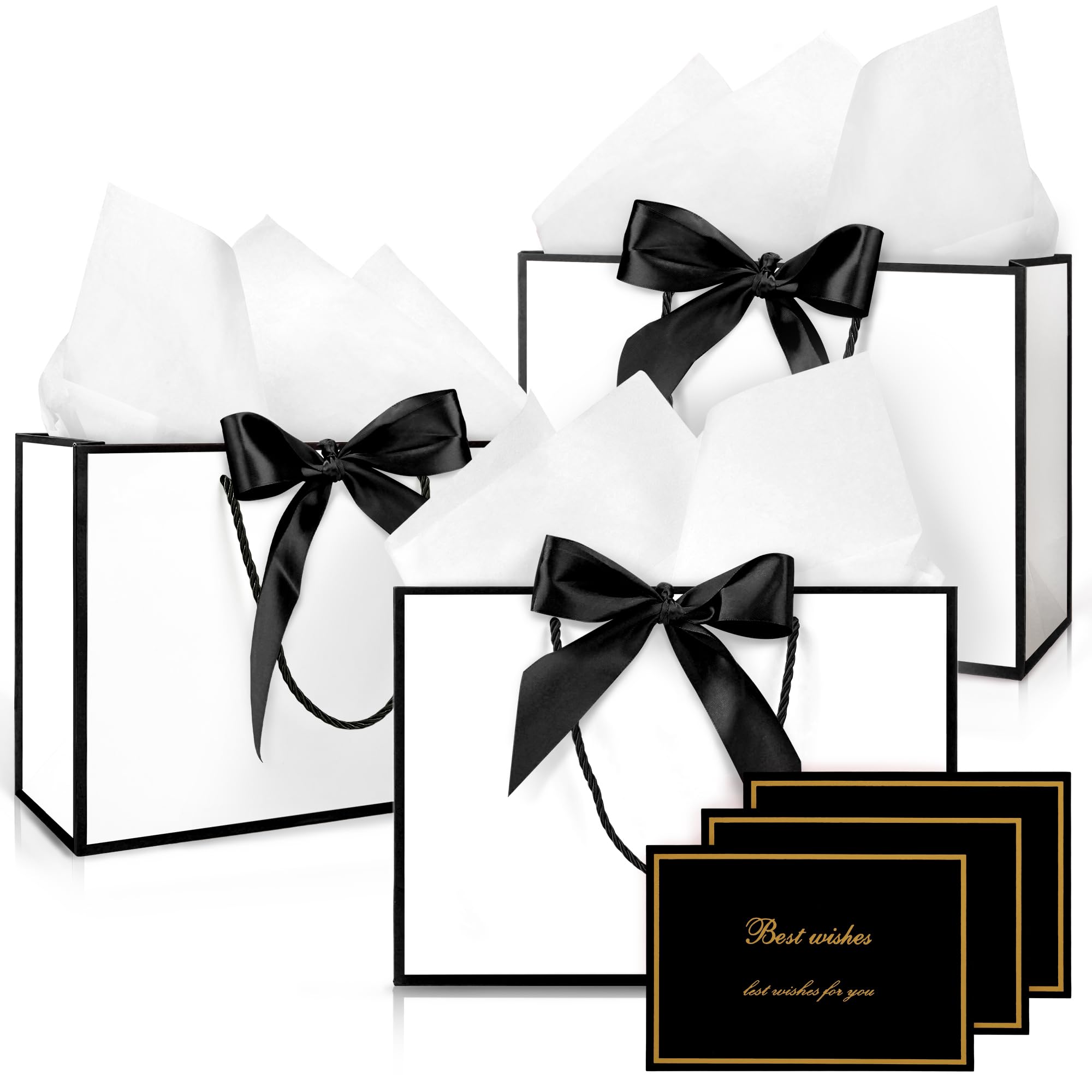 Vivantia Medium Gift Bags Set 3 Pack White Paper Gift Bag with Black Edge Greeting Cards Ribbons Tissue Papers Present Bags with Handles for Gift Wrapping Birthday Wedding Baby Shower