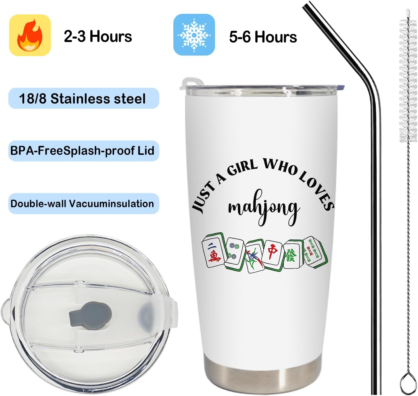 Mahjong Lover Gifts Tumbler, Mahjong Tiles Accessories Stainless Steel Tumbler with Lid and Straw 20oz, Gifts for Mah Jong Players Lovers Travel Coffee Cup - Image 2