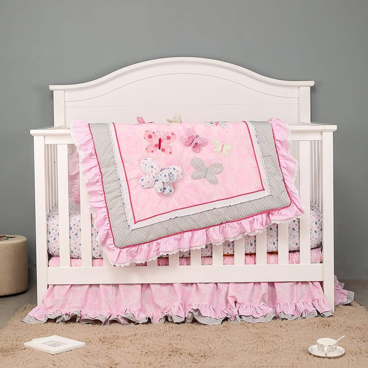 3 PCs Embroidery Butterfly Nursery Crib Bedding Set Quilt Fitted Sheet Baby Girl Butterfly Themed Cot Bedding Set