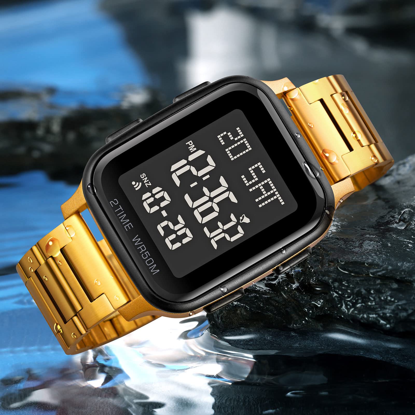 Orologio digitale da uomo in acciaio inox, digitale, 5 ATM, impermeabile, multifunzione, digitale, con sveglia, cronometro, calendario, LED, doppio tempo, cassa quadrata