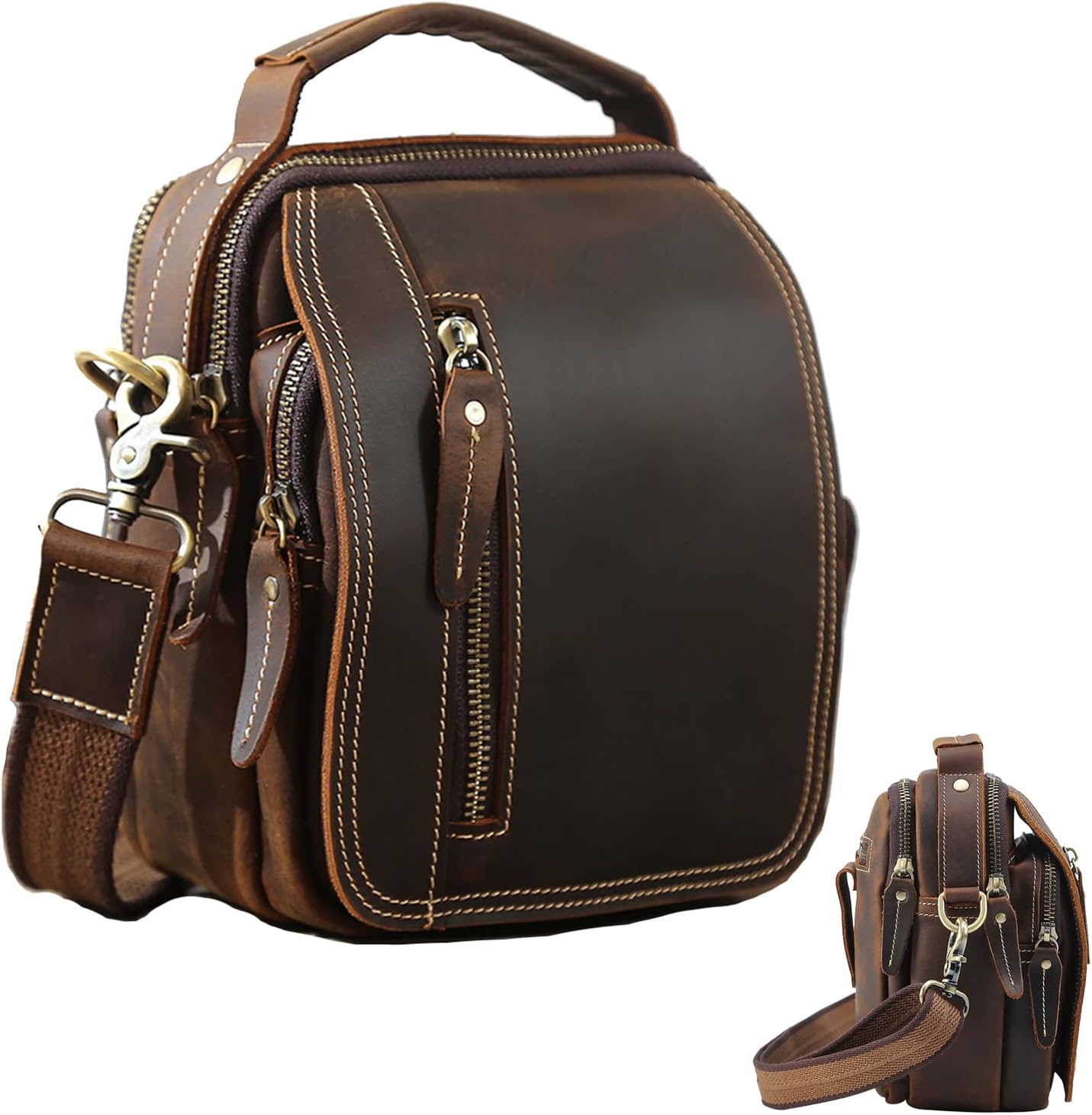 EURYNOME Small Leather Messenger Bag for Men, Full Grain Leather Flap Over Zipper Waist Bag, Gift for Men