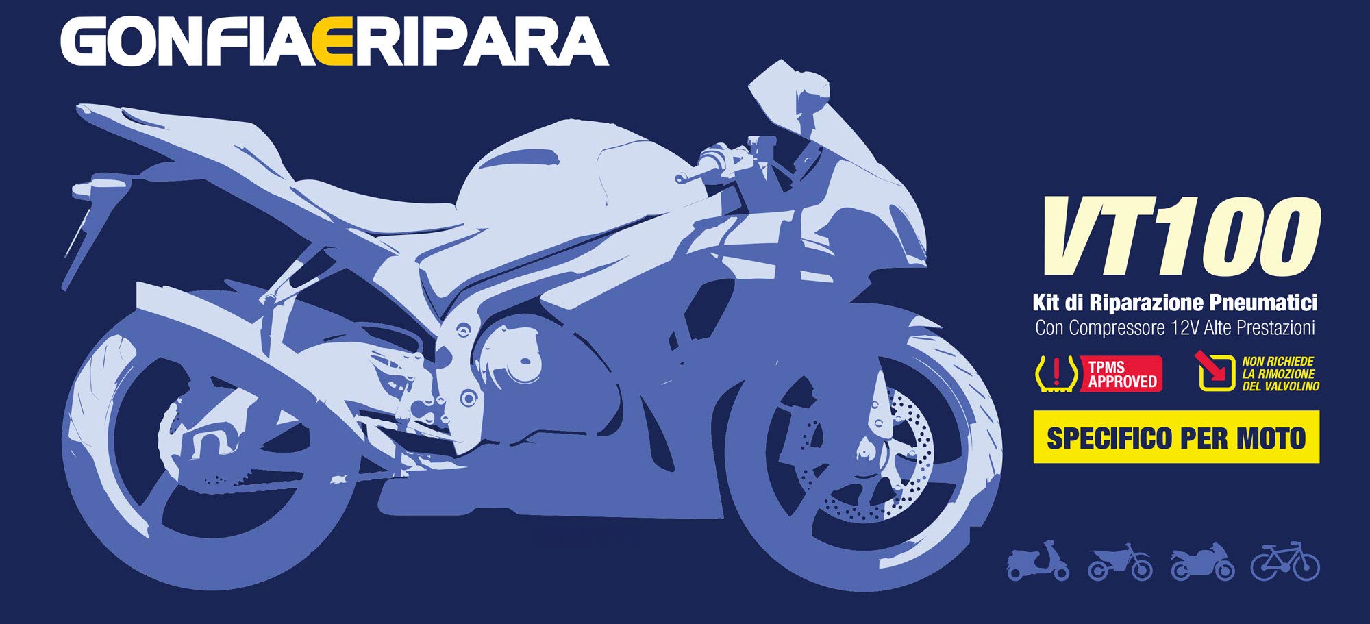 KIT DI RIPARAZIONE PNEUMATICI PER MOTO CON COMPRESSORE 12V GONFIA E RIPARA MOTO SCOOTER VT100 TPMS APPROVED EUROP ASSISTANCE FORATURA COPERTONE GOMMA
