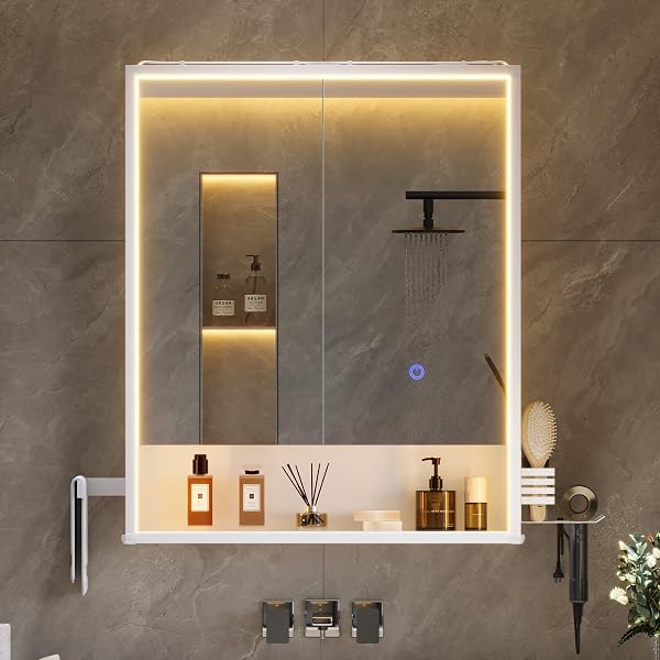 Specchio Bagno Contenitore 60x78x18 cm – Luce LED 3 Lati, Touch con 3 Luci & Prese + USB, Porta Asciugacapelli e Asciugamani, Mobile Bagno con Specchio a Due Ante – Soft-Close - 1