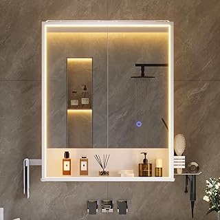2-türiger LED Spiegelschrank 60x78x18 cm, Badschrank mit Steckdose, Touch-Sensor & 3 dimmbare Lichtfarben – Weiß, inkl. Föhnhalter, Handtuchhalter & verstellbarem Einlegeboden