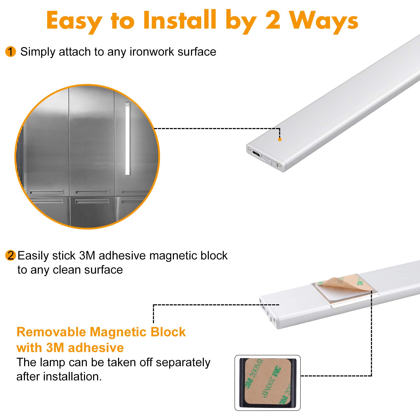 Klighten 2 Stück 60cm Schrankbeleuchtung mit Bewegungsmelder, Unterbauleuchte Küche LED 230LM, 3200 mAh Batterie, Auto/ON/OFF, USB Aufladbar, Magnet Schranklicht, 6000K Kaltweiß, Silber