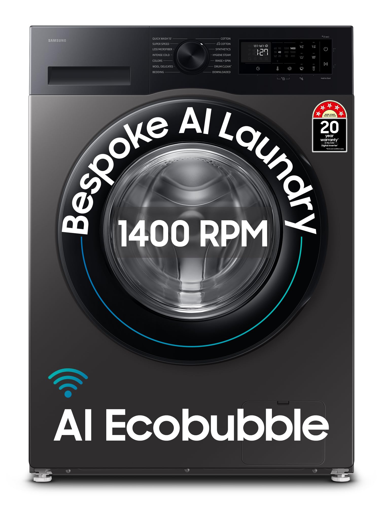 Samsung 9 kg, 5 star, AI EcoBubble, Super Speed, Wi-Fi, Hygiene Steam with Inbuilt Heater, Digital Inverter, Fully-Automatic Front Load Washing Machine (WW90DG5U24AXTL, Inox)