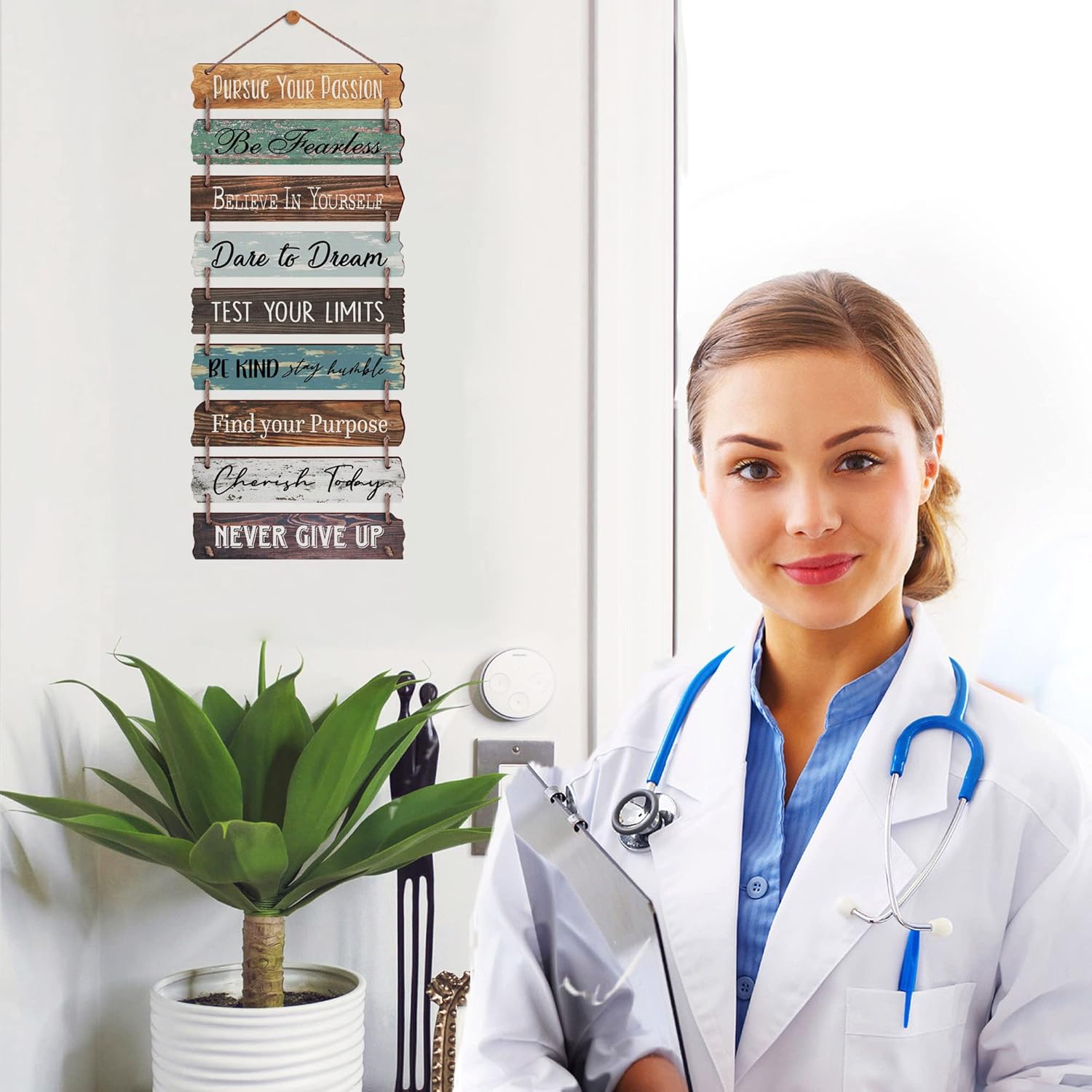 Yudarte Inspirational Wall Art 9pcs Strung Wooden Panels - Farmhouse Rustic Office Decorations for Work - Motivational Wall Decor for Home Bedroom Living Room