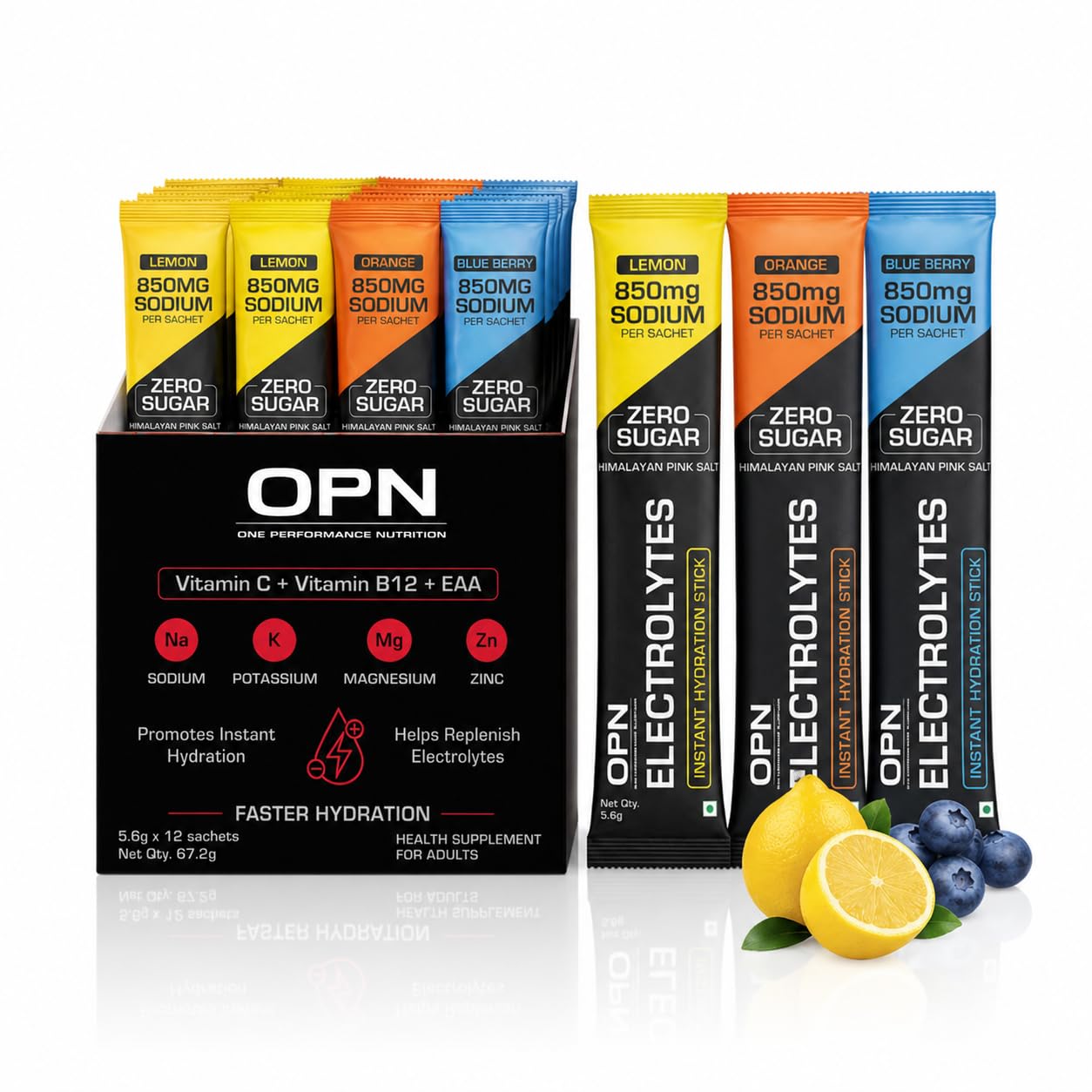 OPN Electrolytes Assorted Flavours | Orange + Lemon + Blueberry 850mg Sodium | Zero Sugar | Vitamin C, B12 + EAA | (Pack of 1) 12 Sachets-image-39