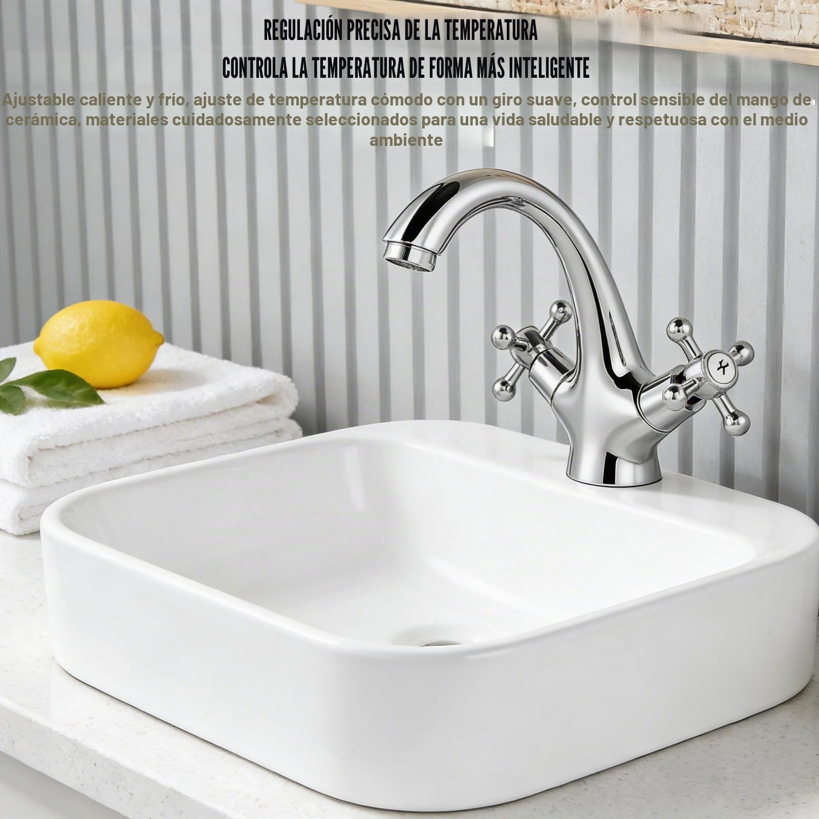 Grifo de baño, grifo mezclador de lavabo, grifo retro con dos asas, grifo de lavabo retro de 2 manijas, lavabo con caño altura 100 mm, 2 mangueras de 60 cm