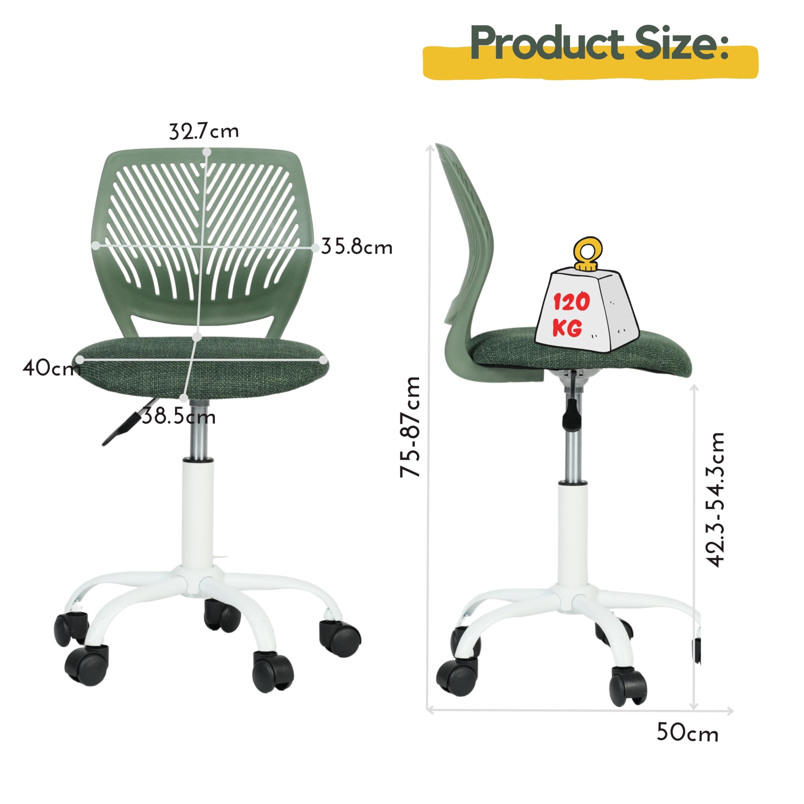 Chaise Bureau Enfant FurnitureR Réglable En Hauteur - Pivotante 360°, Sans Accoudoirs, Turquoise