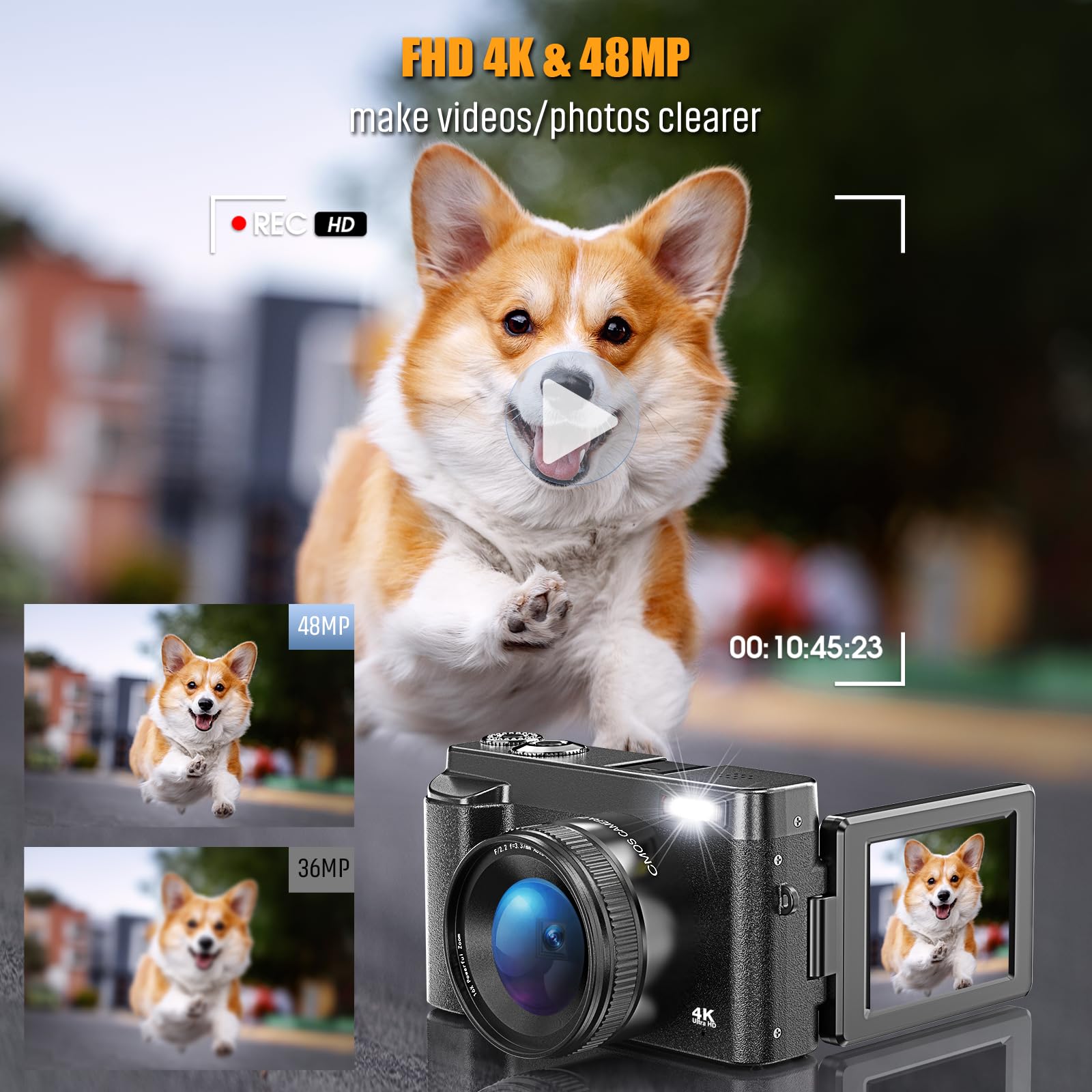 4K Appareil Photo Numérique, 48MP Autofocus avec Écran Rabattable 180°, Zoom Numérique 16X