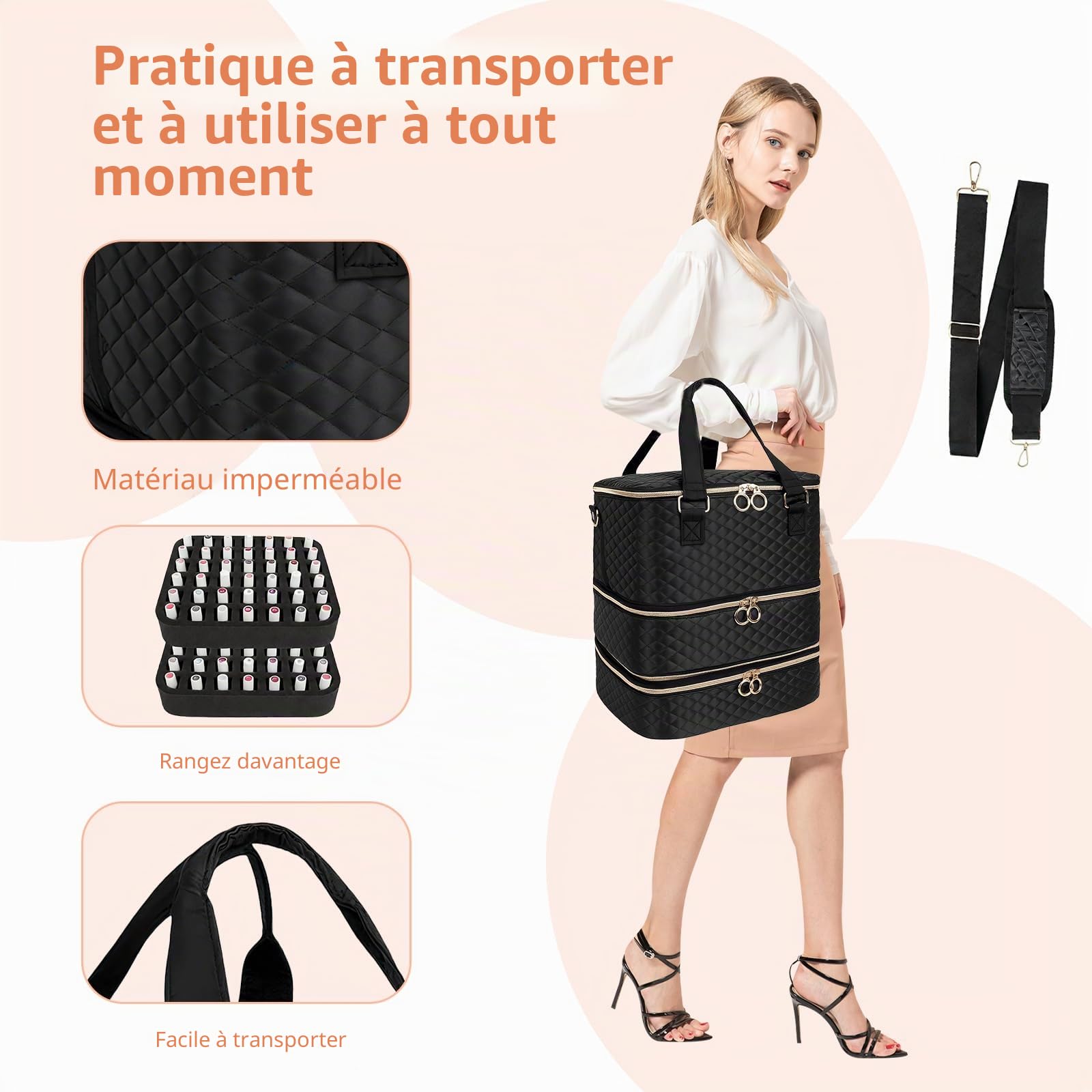 Organisateur pour Vernis à Ongles, 3 Étages, Sac de Rangement pour 84 Flacons, Lampe LED, Noir