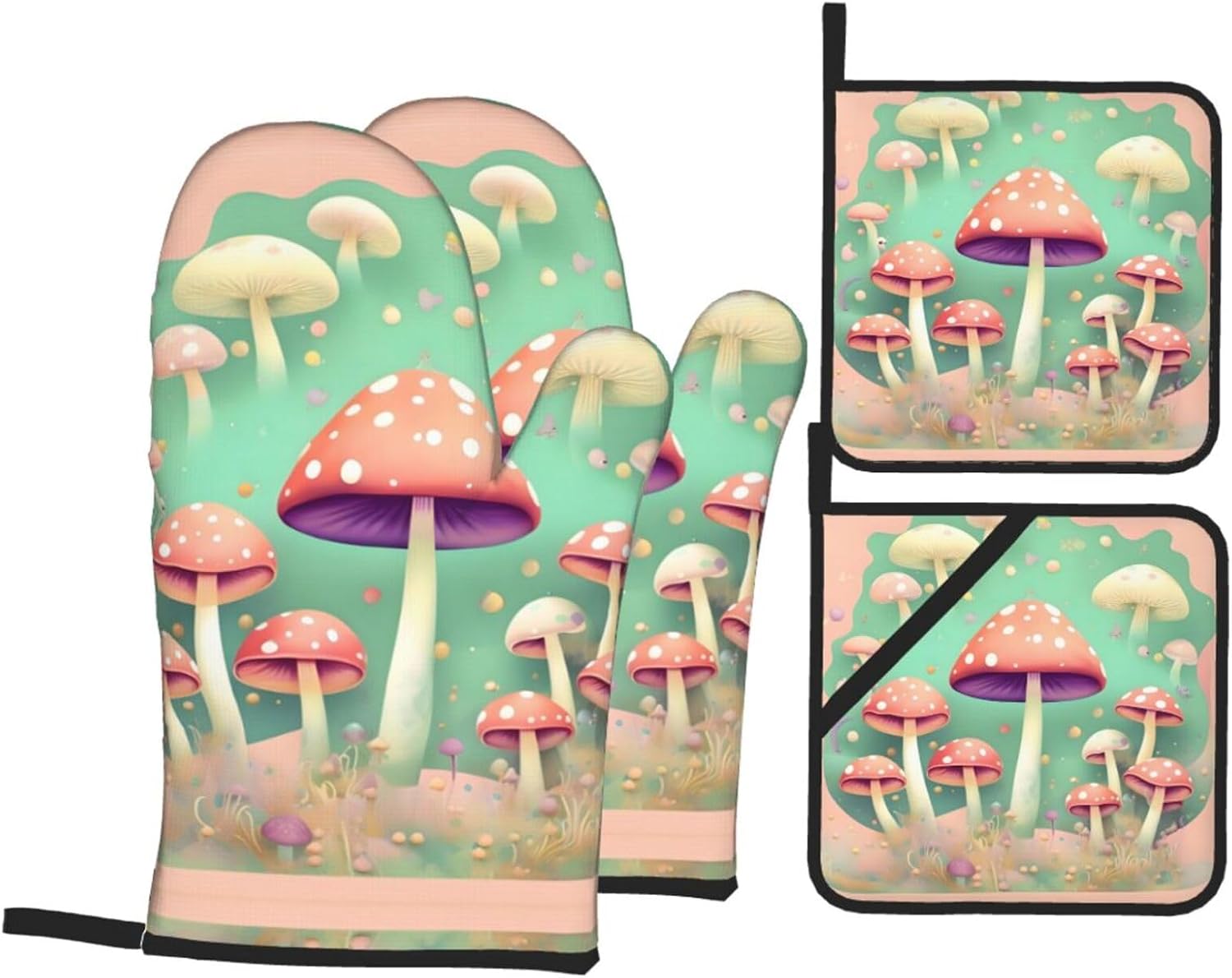 Dream Mushroom Oven gloves and heat-resistant mat 4-piece set. Suitable for grilling, microwave oven frying, and baking