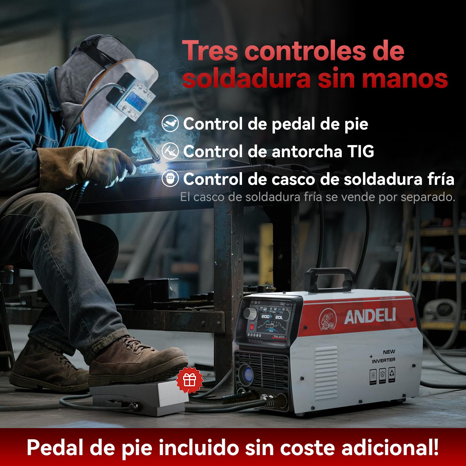 ANDELI 10 en 1 Soldador TIG de Aluminio AC/DC, Pedal de Pie, 205A, LCD, Ondas de Pulso/Cuadrada/Seno/Trapesoidal, Soldadura Fría/Punto, 230V, TIG-205 PRO