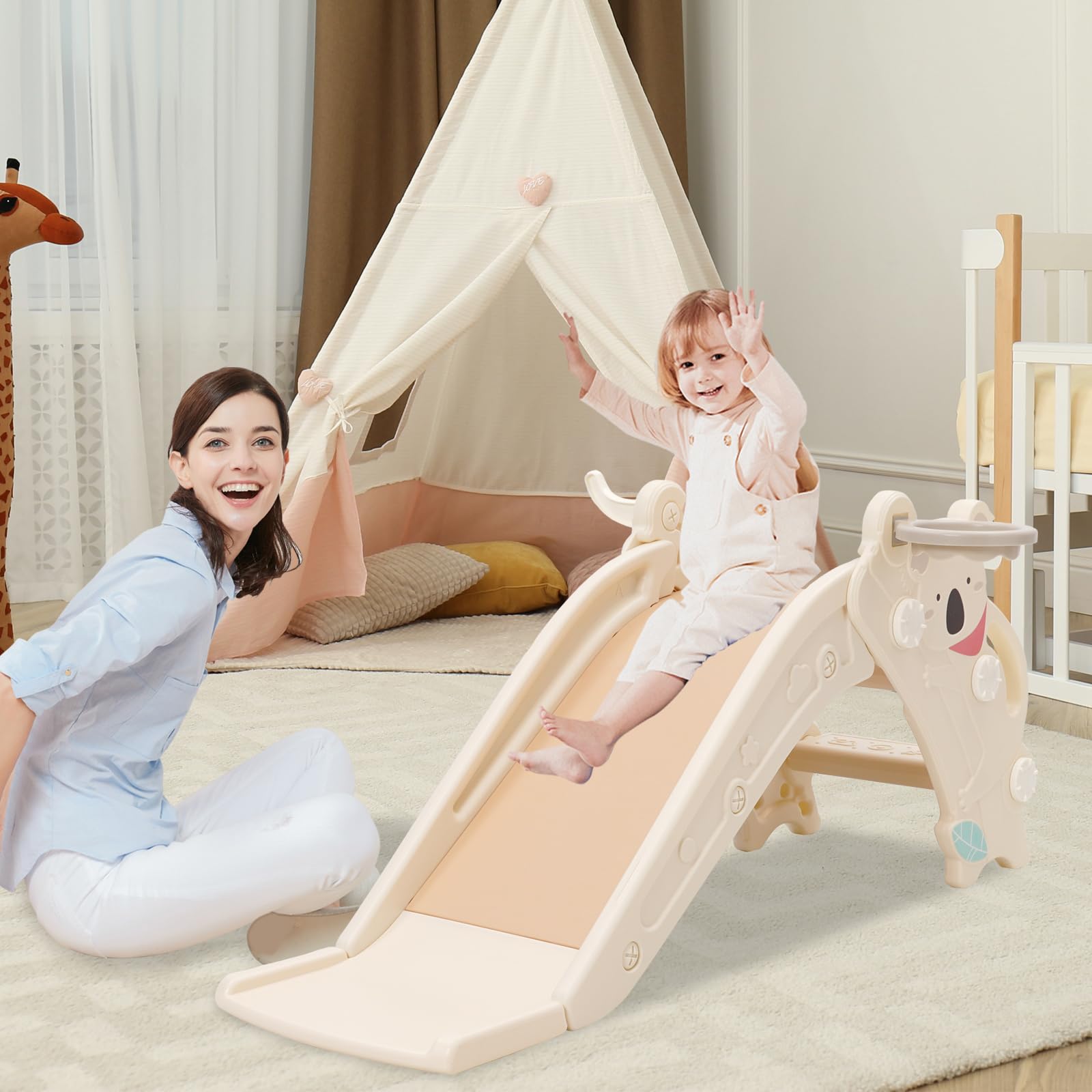 Tobogán infantil 4-en-1 con canasta y anillas. Estructura plegable, antideslizante, ideal 2-4 años